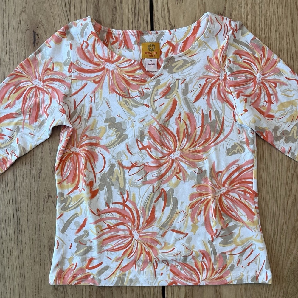 Ruby Rd Colorful Floral 3/4 Sleeve Petite Tee Shirt Small Festive